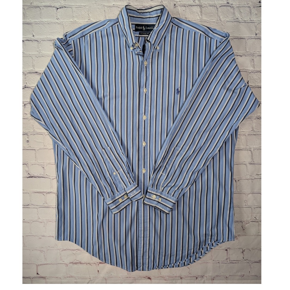Ralph Lauren Button Down Shirt Mens 16 L Cotton Blue Striped Classic Fit Pony